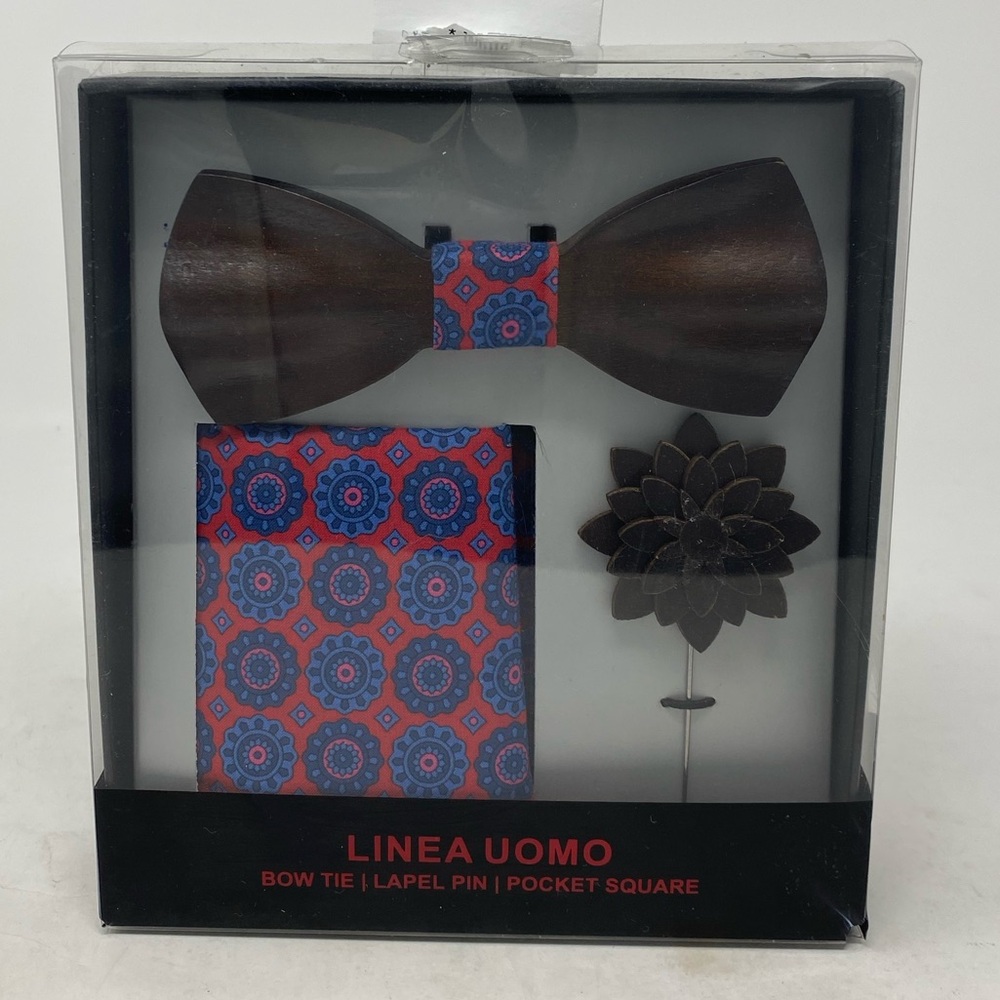 Linea Uomo Men Wooden Bow Tie Lapel Pin Pocket Square Set
